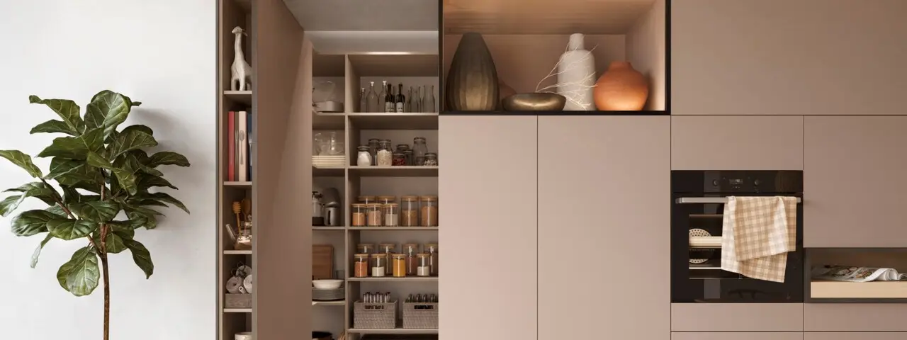 a shelf with shelves full of jars and vases