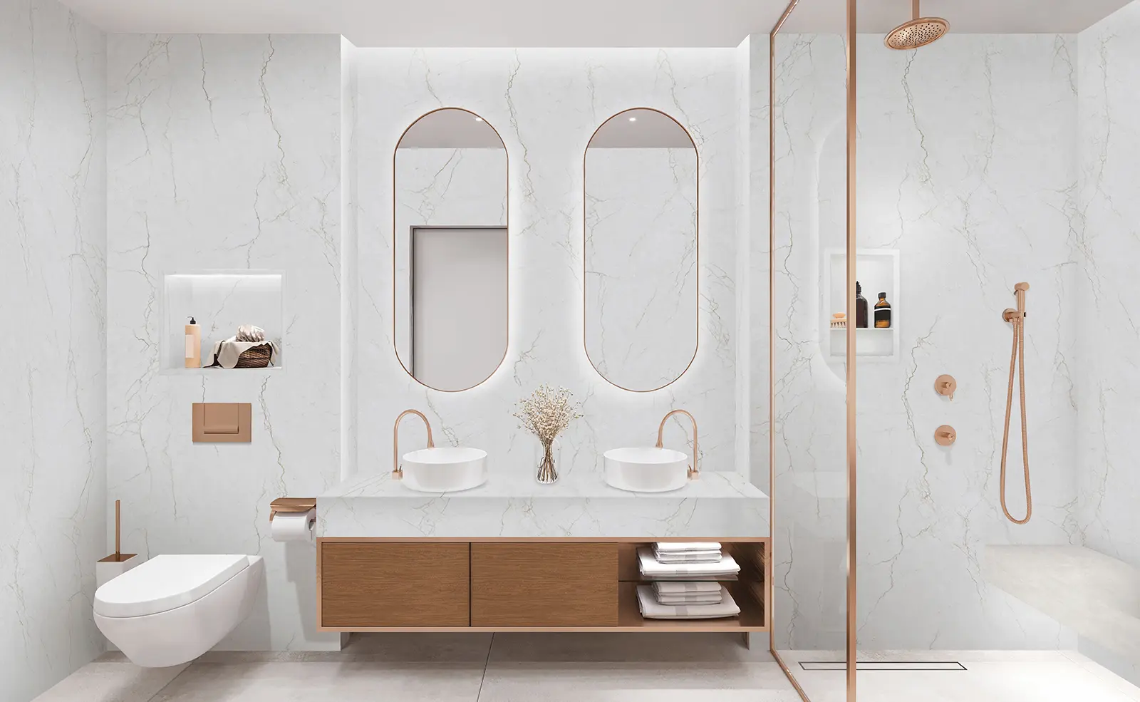 a bathroom with marble countertop and mirrors